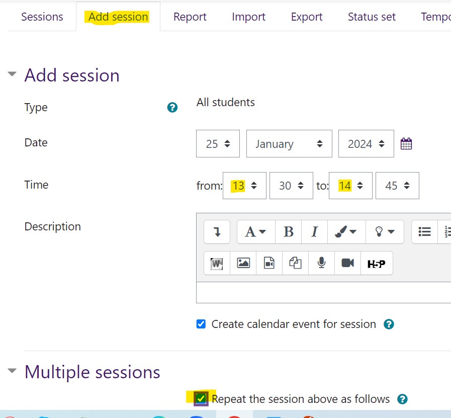 image shows the 'Add session' tab with the times and repetition checkbox highlighted