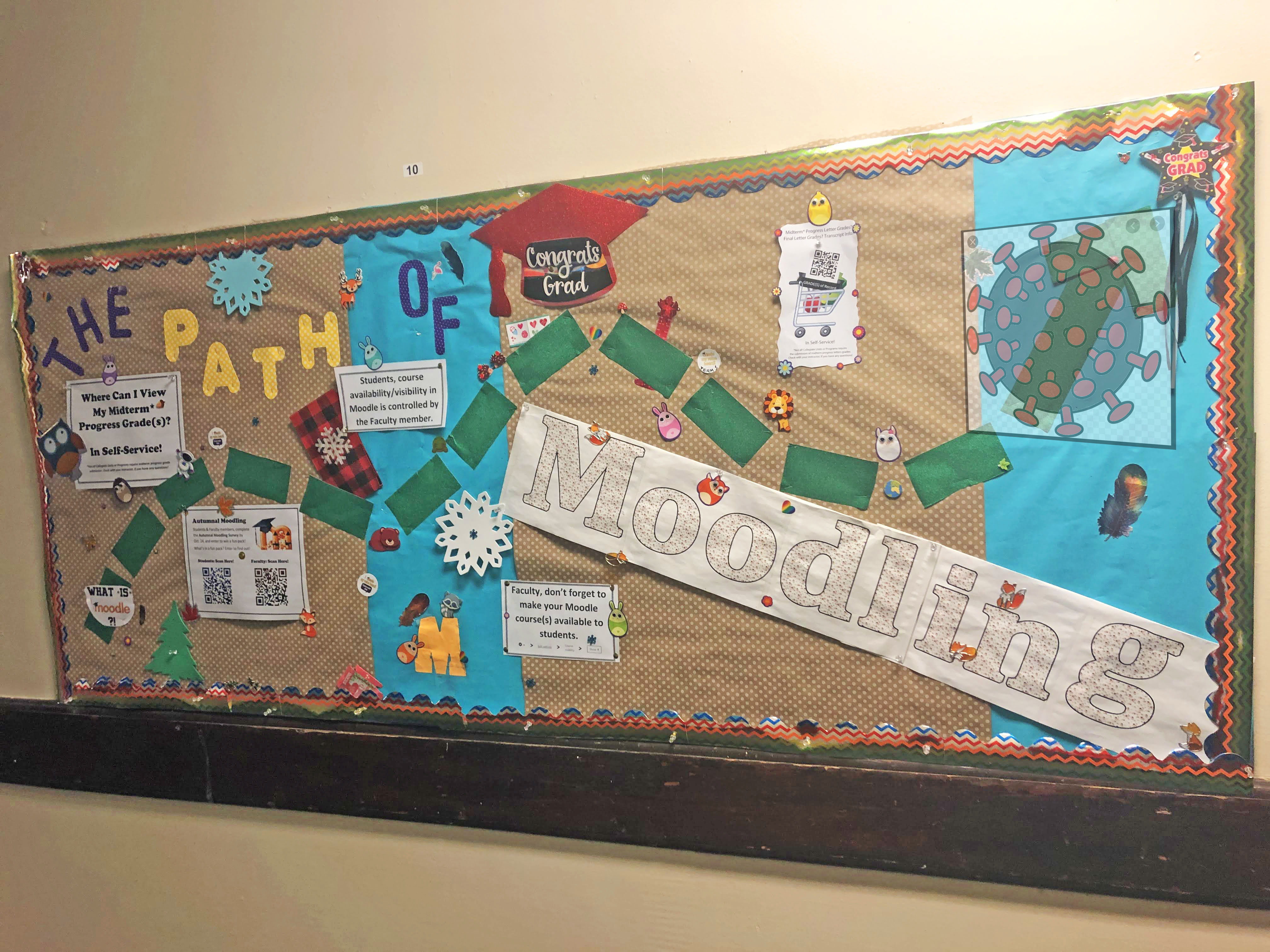 bulletin board with text 'the path to moodling' and many stickers